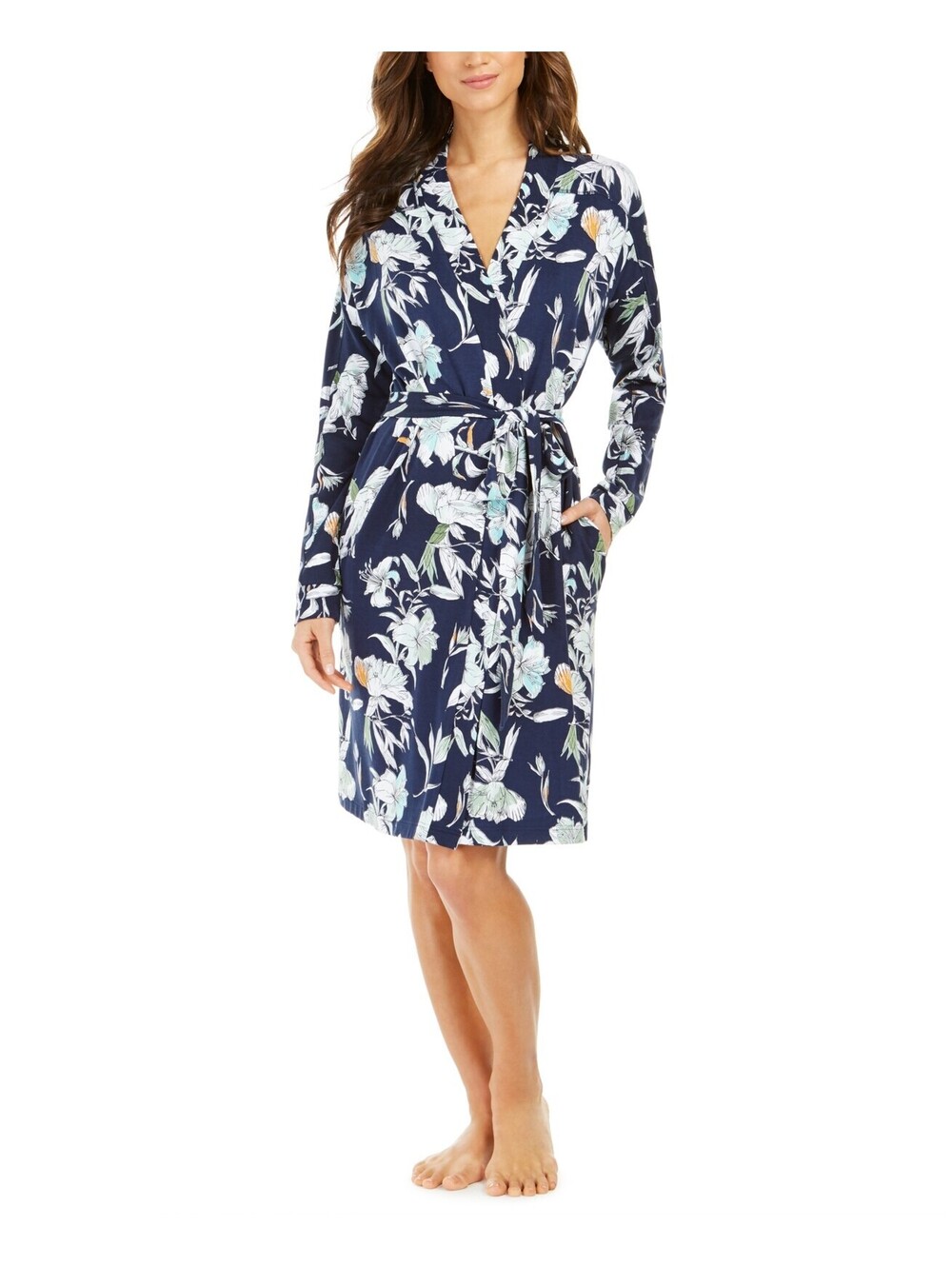 Sesoire Womens Floral-Print French Terry Short Wrap Robe Size XL
